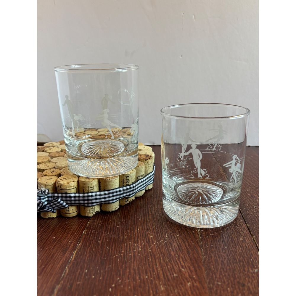 Vintage Ice Skater Rocks Glasses Set of 2 Frosted Etched Lowball Sunburst Base